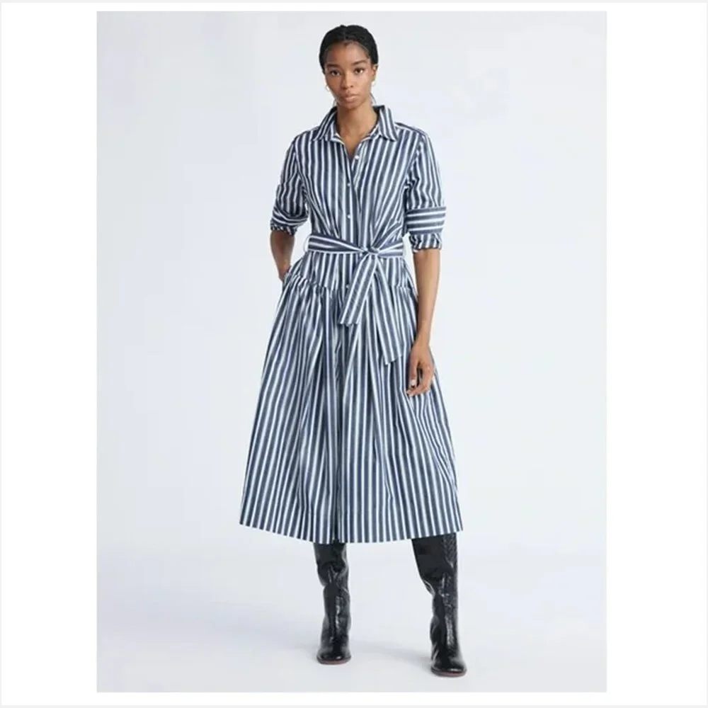 Free Assembly Blue Striped Belted Cotton Maxi Shirtdress with Long Sleeves - Picture 2 of 6